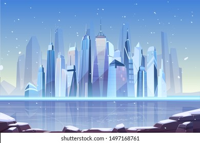 Snowfall in modern city cartoon vector with futuristic skyscrapers on frozen river shore illustration. Winter holidays season in metropolis, climate changes, cold and frosty weather concept background