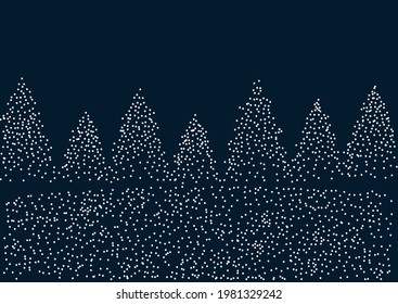 Snowfall in the mountains. Falling snowflakes on the forest in the night. Vector of a winter background with copy space.