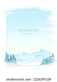 Snowfall in the mountains. Spruce trees in snowy drifts. Winter landscape. Mountain tourism in winter, extreme sports, hiking. Wallpaper, poster, postcard, banner design. Vector illustration.