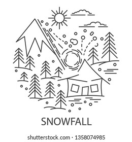 Snowfall Natural Disaster circle banner in linear style. Compositions of snowfall disaster. Vector illustration.