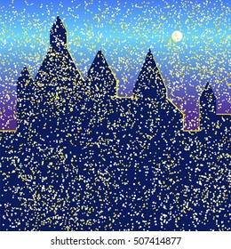 Snowfall in the night city. Vector illustration background for design greeting card, party, celebration, invitation. Silhouette palaces.