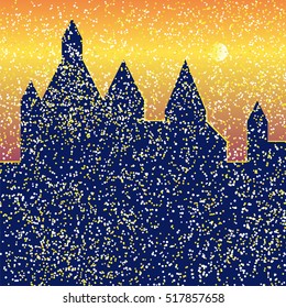 Snowfall in the night city. Vector illustration background for design greeting card, party, celebration, invitation. Silhouette palaces.