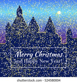 Snowfall in the night city. Vector illustration for design greeting card, party, celebration, invitation. Christmas and Happy New Year greeting card with frame. Silhouette palaces.