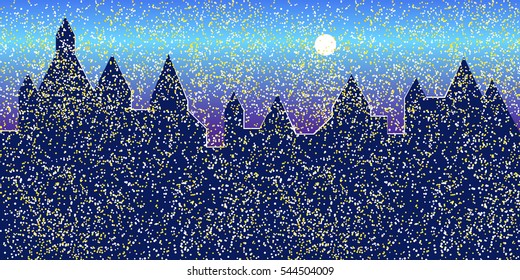 Snowfall in the night city. Vector illustration background for design greeting card, party, celebration, invitation. Silhouette palaces.
