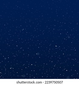 Snowfall at night. Falling snowflakes on dark background. Galaxy stars on night sky. Splattered particles, dots, specks, splashes, drops, spray texture. 