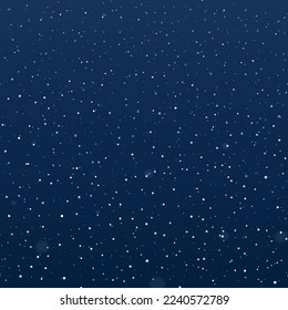 Snowfall at night. Falling snowflakes on dark background. Galaxy stars on night sky. Splattered particles, dots, specks, splashes, drops, spray texture. 