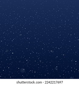 Snowfall at night. Falling snowflakes on dark background. Galaxy stars on night sky. Splattered particles, dots, specks, splashes, drops, spray texture. 