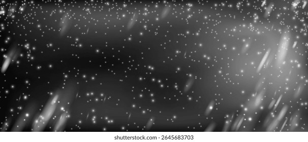 Snowfall in the night sky background, Christmas snowflakes transparent overlay background, Snowstorm vector illustration on dark.
