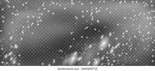 Snowfall in the night sky background, Christmas snowflakes transparent overlay background, Snowstorm vector illustration on dark.