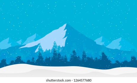 snowfall on the background of the winter forest and mountains