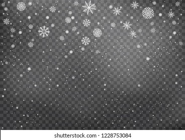 Snowfall on black transparent background. Winter snowy design. Different snowflake falling from the cloud in dark. Christmas and New Year eve