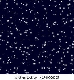 Snowfall on blue background. Falling snowflakes. Seamless