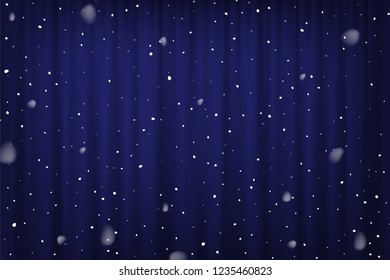 Snowfall on blue curtain background. Vector cinema, theater or circus poster template