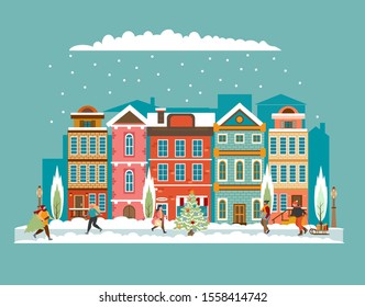 Nevada en la víspera de Navidad. Ilustración vectorial. El paisaje de la ciudad de Navidad europea con gente, árbol de Navidad. Ilustración vectorial. Edificios y fachadas. 