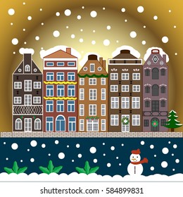 Snowfall on Christmas eve. Vector illustration. Buildings and facades. Classic European houses landscape with Christmas holiday decorations. Winter day in cosy town street scene.