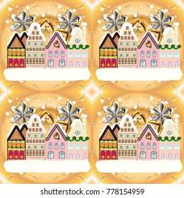 Snowfall on Christmas eve. Vector illustration. Winter day in cosy town street scene. Classic European houses landscape with Christmas holiday decorations. Vector illustration. Buildings and facades.