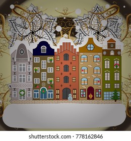 Snowfall on Christmas eve. Vector illustration. Classic European houses landscape with Christmas holiday decorations. Winter day in cosy town street scene. Buildings and facades. Vector illustration.