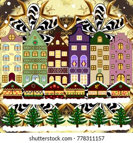 Snowfall on Christmas eve. Vector illustration. Vector illustration. Classic European houses landscape with Christmas holiday decorations. Winter day in cosy town street scene. Buildings and facades.