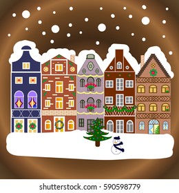Snowfall on Christmas eve. Winter day in cosy town street scene. Vector illustration. Classic European houses landscape with Christmas holiday decorations. Buildings and facades.