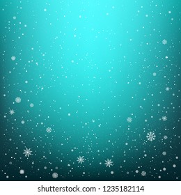 Snowfall on dark blue background. Winter sky with snow. Frosty close-up wintry snowflakes. Ice shape pattern. Christmas holiday decoration backdrop