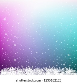 Snowfall on dark multicolor background. Winter sky with snow. Frosty close-up wintry snowflakes. Ice shape pattern. Christmas holiday decoration backdrop