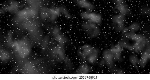 Snowfall on dark sky with white smoke or clouds as a seamless pattern. Vector illustration with overlay effect and transparent elements. Winter cold night