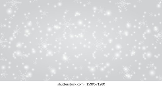 Snowfall on a gray background. Winter snowflakes trendy vector background. Shining snow with christmas backdrop. Card or banner with flakes confetti scatter. Freezing cold symbols.