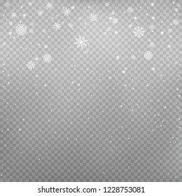 Snowfall on gray transparent background. Winter snowy design. Different snowflake falling from the cloud. Christmas and New Year eve