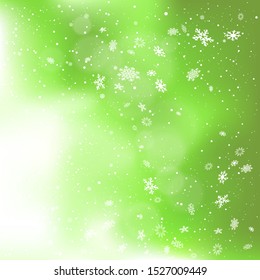 Snowfall on green snowy clouds backdrop. Winter holiday Christmas background. Big and small snowflakes falling from clouds