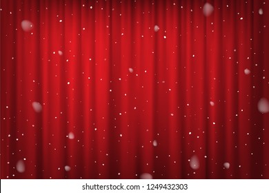 Snowfall on red curtain background. Vector cinema, theater or circus poster template