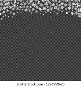 Snowfall on transparent background. Falling snowflakes template. Vector illustration.