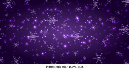 Snowfall on a violet background. Winter snowflakes trendy vector background. Shining snow New Year backdrop. Card or banner with flakes scatter. Freezing cold symbols. Vector illustration.