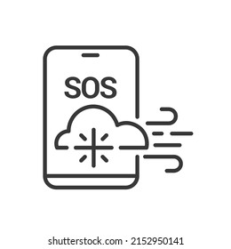 Snowfall on the weather forecast - vector line design icon on white background. High quality black pictogram. Image of smartphone with SOS signal due to sky conditions. Warning notification idea