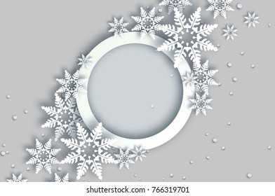 Snowfall. Origami Happy New Year Greetings card. Merry Christmas. White Paper cut snow flake. Winter snowflakes. Circle speech bubble frame. Text. Holidays. Grey background. Vector illustration.