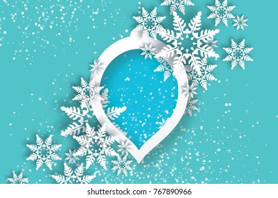 Snowfall. Origami Happy New Year Greetings card. Merry Christmas. White Paper cut snow flake. Winter snowflakes. Circle speech bubble bauble frame. Text. Grey background. Vector