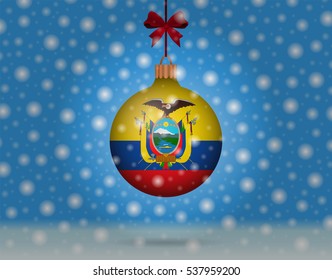 Snowfall and ornament with flag of Ecuador