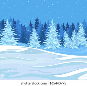 Snowfall over a fir tree forest