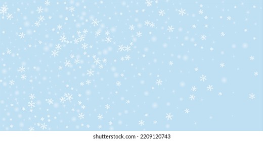 La nieve superó el fondo de la navidad. Sutiles copos de nieve volando y estrellas en el fondo azul claro del invierno. Sobrecoste de nieve festivo. Ilustración vectorial amplia.