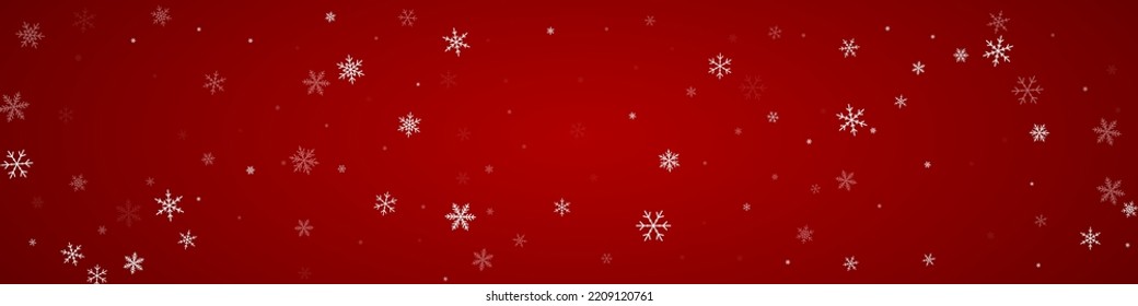 Snowfall overlay christmas background. Subtle flying snow flakes and stars on christmas red background. Festive snowfall overlay. Panoramic vector illustration.