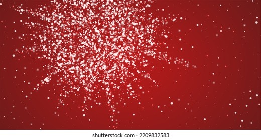 La nieve superó el fondo de la navidad. Sutiles copos de nieve volando y estrellas de fondo rojo navideño. Sobrecoste de nieve festivo. Ilustración vectorial amplia.