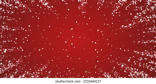 Snowfall overlay christmas background. Subtle flying snow flakes and stars on christmas red background. Festive snowfall overlay. Wide vector illustration.