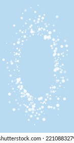 Snowfall overlay christmas background. Subtle flying snow flakes and stars on light blue winter backdrop. Festive snowfall overlay. Vertical vector illustration.