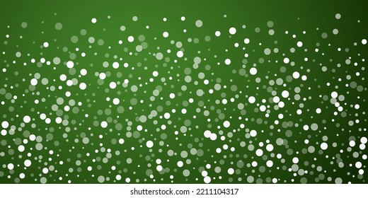 Snowfall overlay christmas background. Subtle flying snow flakes and stars on christmas green background. Festive snowfall overlay. Wide vector illustration.