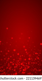 Snowfall overlay christmas background. Subtle flying snow flakes and stars on christmas red background. Festive snowfall overlay. Vertical vector illustration.