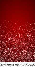 Snowfall overlay christmas background. Subtle flying snow flakes and stars on christmas red background. Festive snowfall overlay. Vertical vector illustration.