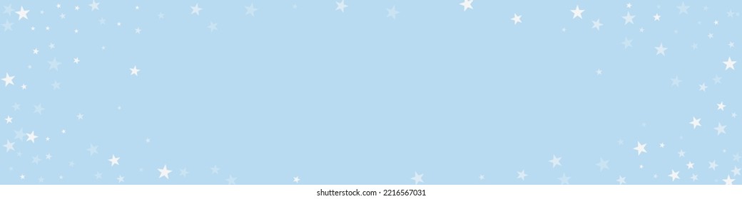Snowfall overlay christmas background. Subtle flying snow flakes and stars on light blue winter backdrop. Festive snowfall overlay. Panoramic vector illustration.