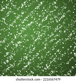 Snowfall overlay christmas background. Subtle flying snow flakes and stars on christmas green background. Festive snowfall overlay. Square vector illustration.