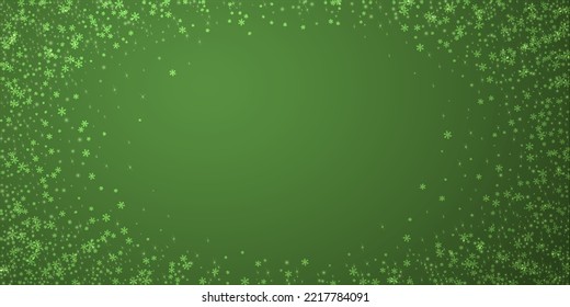 Snowfall overlay christmas background. Subtle flying snow flakes and stars on christmas green background. Festive snowfall overlay. Wide vector illustration.