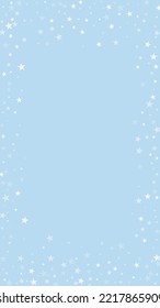Snowfall overlay christmas background. Subtle flying snow flakes and stars on light blue winter backdrop. Festive snowfall overlay. Vertical vector illustration.