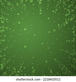 Snowfall overlay christmas background. Subtle flying snow flakes and stars on christmas green background. Festive snowfall overlay. Square vector illustration.